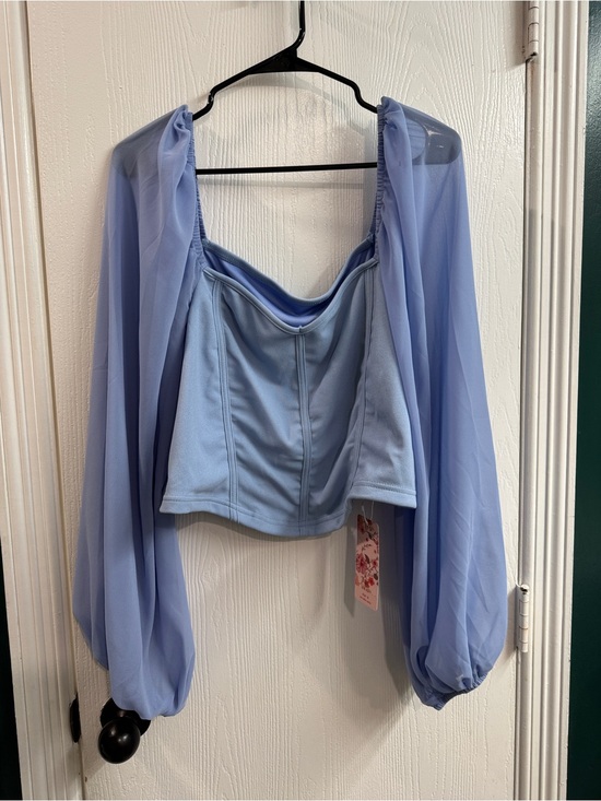 Tops - Light Blue Off-Shoulder Corset Top with Sheer Bishop Sleeves